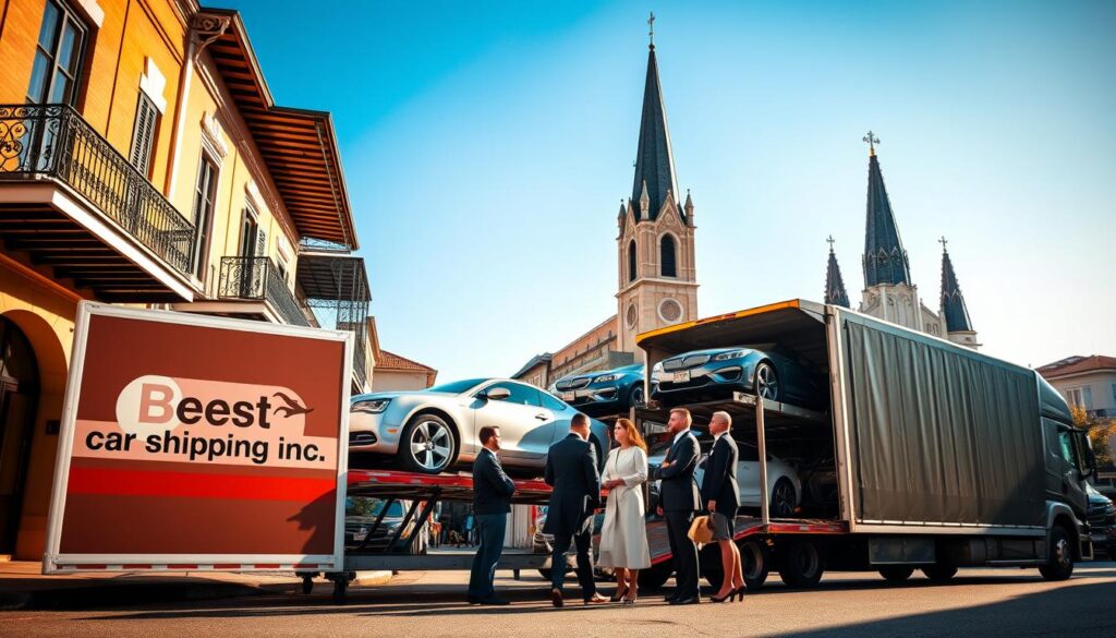 A bustling scene of car shipping and auto transport in New Orleans, Louisiana, featuring a vibrant, sunlit street lined with classic New Orleans architecture. In the foreground, a sleek car transporter truck with the logo "Best Car Shipping Inc" prominently displayed, loaded with vehicles ready for shipping. The middle ground showcases a diverse group of professional individuals in business attire, discussing car transport logistics beside the truck. In the background, historic buildings with wrought iron balconies and the iconic St. Louis Cathedral tower against a clear blue sky. The image is well-lit with soft, warm sunlight casting gentle shadows, giving a welcoming and industrious atmosphere, captured from a slightly elevated angle to emphasize the lively context of auto transport in this culturally rich city. A bustling scene of car shipping and auto transport in New Orleans, Louisiana, featuring a vibrant, sunlit street lined with classic New Orleans architecture. In the foreground, a sleek car transporter truck with the logo "Best Car Shipping Inc" prominently displayed, loaded with vehicles ready for shipping. The middle ground showcases a diverse group of professional individuals in business attire, discussing car transport logistics beside the truck. In the background, historic buildings with wrought iron balconies and the iconic St. Louis Cathedral tower against a clear blue sky. The image is well-lit with soft, warm sunlight casting gentle shadows, giving a welcoming and industrious atmosphere, captured from a slightly elevated angle to emphasize the lively context of auto transport in this culturally rich city.