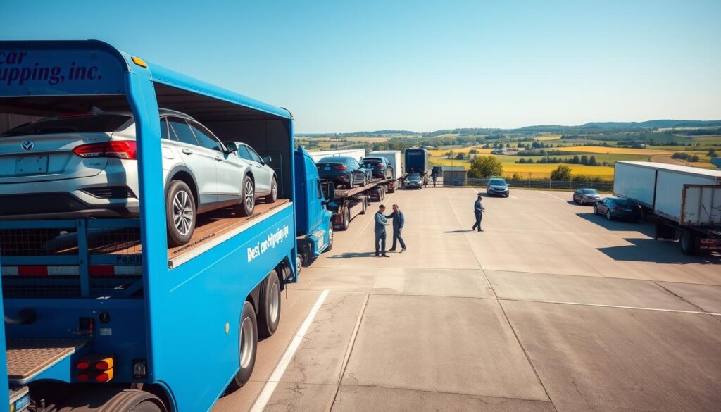 A bustling scene of car shipping and auto transport in Shelbyville, Kentucky, featuring various vehicles loaded onto transport trucks. In the foreground, show a bright blue transport truck labeled "Best Car Shipping Inc" with cars securely fastened in the back. In the middle ground, include a clean, organized auto transport yard with workers wearing professional business attire aiding in loading and inspecting vehicles. The background displays a clear blue sky and the picturesque landscape of Shelbyville, including rolling hills and farmlands. Use soft, natural lighting to create a welcoming atmosphere, capturing the reliable service of car shipping. The angle should be slightly elevated, giving an overview of the operation while emphasizing the professionalism of the team. A bustling scene of car shipping and auto transport in Shelbyville, Kentucky, featuring various vehicles loaded onto transport trucks. In the foreground, show a bright blue transport truck labeled "Best Car Shipping Inc" with cars securely fastened in the back. In the middle ground, include a clean, organized auto transport yard with workers wearing professional business attire aiding in loading and inspecting vehicles. The background displays a clear blue sky and the picturesque landscape of Shelbyville, including rolling hills and farmlands. Use soft, natural lighting to create a welcoming atmosphere, capturing the reliable service of car shipping. The angle should be slightly elevated, giving an overview of the operation while emphasizing the professionalism of the team.
