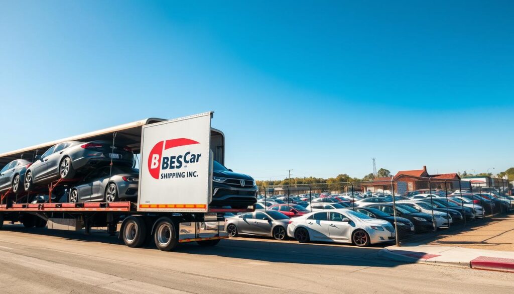 A bustling scene of car shipping and auto transport in Shreveport, Louisiana. In the foreground, a transport truck loaded with shiny, new vehicles on a bright sunny day, showcasing the brand logo "Best Car Shipping Inc" prominently on the side. In the middle ground, a fenced lot filled with more cars awaiting shipment, some covered with protective tarps. The background features a clear blue sky and the distinctive Louisiana landscape, including a hint of the local architecture. The lighting is bright and inviting, creating an optimistic atmosphere. Capture the action from a slight low angle, emphasizing the trucks and cars while providing depth to the scene, evoking a sense of reliability and professionalism in auto transport.