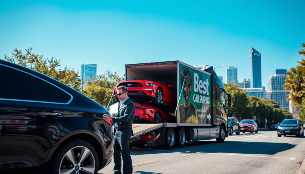 A bustling scene of car shipping in Baton Rouge, Louisiana, showcasing a variety of vehicles being loaded onto transport trucks. In the foreground, a professional driver in business attire stands next to a shiny black sedan, inspecting the vehicle with a clipboard. The middle ground features a truck adorned with the logo "Best Car Shipping Inc," carefully loading a vibrant red sports car onto its trailer. The background showcases the iconic Baton Rouge skyline under a clear blue sky, with trees lining the streets. The lighting is bright and sunny, casting soft shadows that enhance the detail of the vehicles and surroundings. The atmosphere is one of trust and professionalism in auto transport, capturing a moment of efficient and reliable service.