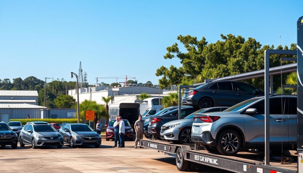 A bustling scene of car shipping in Morgan City, Louisiana, showcasing a designated car transport yard. In the foreground, several sleek vehicles are lined up on a professional auto transport truck branded with "Best Car Shipping Inc", reflecting a sense of reliability and efficiency. The middle ground features workers in professional attire inspecting cars and coordinating logistics, adding a sense of activity and professionalism. In the background, the iconic features of Morgan City, such as industrial buildings and lush greenery, are visible under a bright, clear blue sky. Soft morning light bathes the scene, creating a warm, inviting atmosphere. The image should be captured with a wide-angle lens to emphasize the busy environment and the range of vehicles being shipped, evoking a sense of trust and service in car transport.