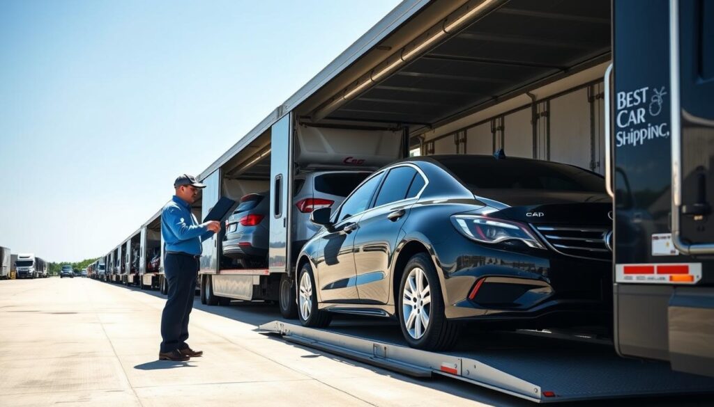 A bustling scene of vehicle shipping at a large auto transport yard in Berwick, Louisiana. In the foreground, a professional-looking worker in a blue uniform inspects a shiny black car being loaded onto a modern auto transport truck, branded with "Best Car Shipping Inc." The middle ground features multiple trucks lined up, some fully loaded with various vehicles, while others are ready for departure. The background showcases a clear blue sky with a hint of Louisiana greenery, giving a sense of location and environment. The lighting is bright and vibrant, creating a feeling of efficiency and professionalism. Capture this scene from a slightly elevated angle to convey the scale and activity of the shipping operation, emphasizing a mood of reliability and expert service in car shipping and auto transport.