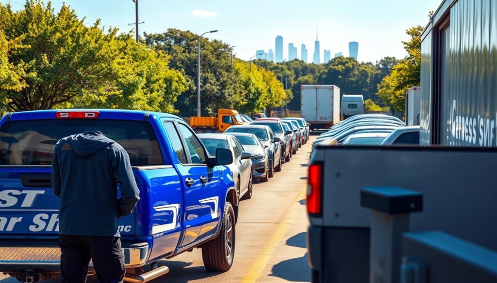 A bustling scene showcasing auto transport logistics in Marrero, Louisiana, emphasized by a bright, sunny day. In the foreground, a professional delivery driver in a smart uniform stands beside a vibrant blue pickup truck emblazoned with the logo of "Best Car Shipping Inc". In the middle ground, several vehicles are lined up, ready for shipping, with a clearly marked transport trailer. The area is surrounded by lush greenery, reflective of Louisiana's vibrant landscape, while the backdrop features a faint silhouette of the New Orleans skyline, hinting at proximity. The image is captured from a slightly elevated angle to emphasize the organized chaos of a busy auto transport hub. Soft, natural lighting enhances the warm and welcoming atmosphere, perfect for conveying efficiency and reliability in vehicle delivery services.