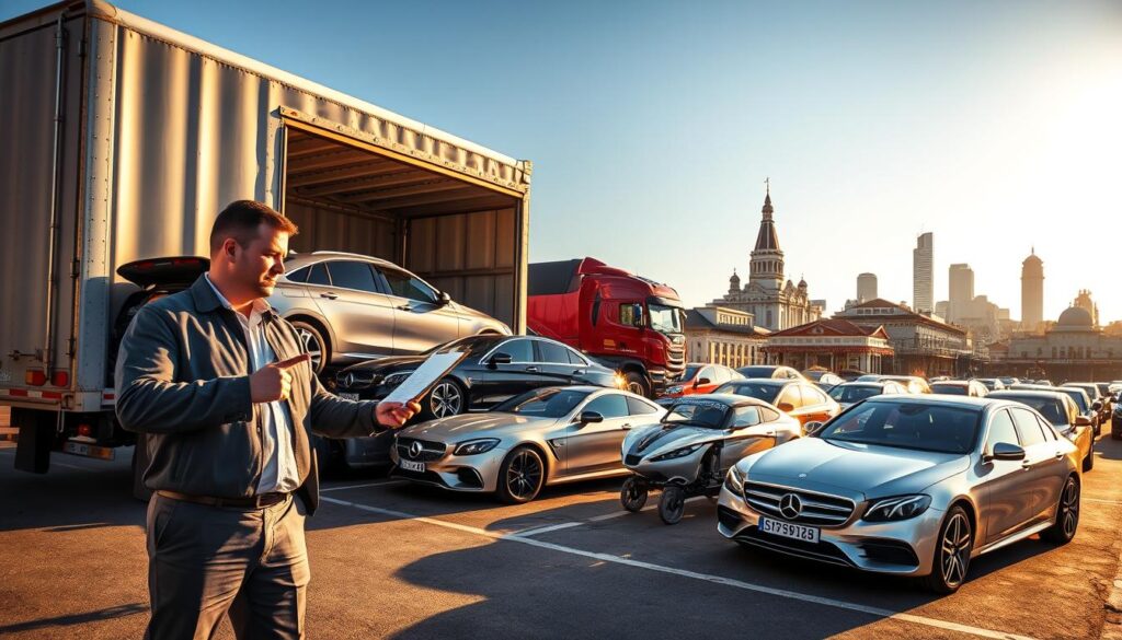 A bustling vehicle shipping terminal in New Orleans, showcasing a variety of cars being loaded onto a large transport truck. In the foreground, a professional representative from Best Car Shipping Inc is standing next to the truck, pointing at a clipboard, dressed in business attire, exuding confidence and professionalism. In the middle ground, several vehicles are parked, waiting to be loaded, their shiny surfaces reflecting the golden light of a late afternoon sun, enhancing a sense of reliability and trust. The background features the iconic New Orleans skyline, with its historic architecture under a bright blue sky. The atmosphere is vibrant yet orderly, conveying a sense of secure and dependable vehicle shipping services. A bustling vehicle shipping terminal in New Orleans, showcasing a variety of cars being loaded onto a large transport truck. In the foreground, a professional representative from Best Car Shipping Inc is standing next to the truck, pointing at a clipboard, dressed in business attire, exuding confidence and professionalism. In the middle ground, several vehicles are parked, waiting to be loaded, their shiny surfaces reflecting the golden light of a late afternoon sun, enhancing a sense of reliability and trust. The background features the iconic New Orleans skyline, with its historic architecture under a bright blue sky. The atmosphere is vibrant yet orderly, conveying a sense of secure and dependable vehicle shipping services.