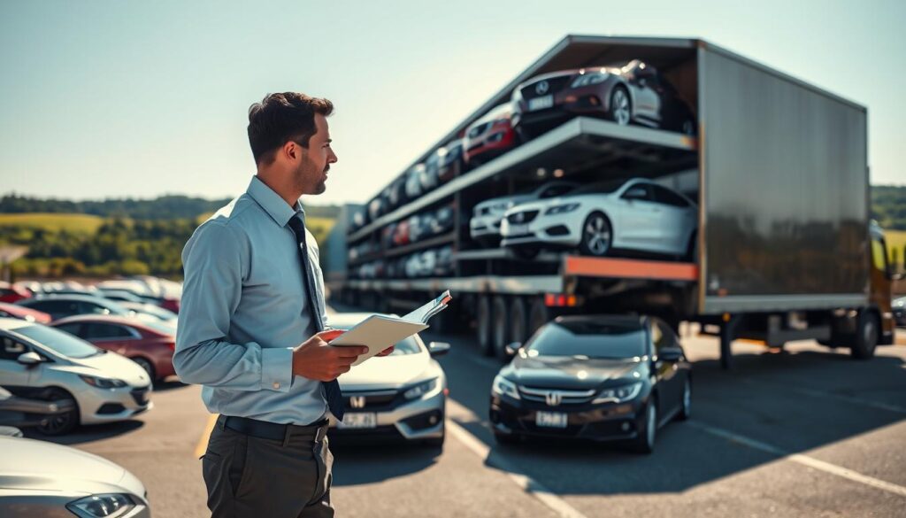 A bustling vehicle shipping yard in Bardstown, Kentucky, featuring rows of cars being loaded onto a large transport truck. In the foreground, a professional car shipping agent in neat business attire inspects a vehicle with a clipboard in hand. The middle ground showcases a multi-level car carrier, filled with various cars, gleaming under the bright midday sun. In the background, a rural landscape of Bardstown with green hills and a clear blue sky creates a serene backdrop. The atmosphere is busy but organized, conveying trust and reliability in vehicle shipping. The truck displays the brand name "Best Car Shipping Inc" prominently. Capture this scene with a wide-angle lens to emphasize the scale and activity of the shipping yard, ensuring natural lighting enhances the colors and details. A bustling vehicle shipping yard in Bardstown, Kentucky, featuring rows of cars being loaded onto a large transport truck. In the foreground, a professional car shipping agent in neat business attire inspects a vehicle with a clipboard in hand. The middle ground showcases a multi-level car carrier, filled with various cars, gleaming under the bright midday sun. In the background, a rural landscape of Bardstown with green hills and a clear blue sky creates a serene backdrop. The atmosphere is busy but organized, conveying trust and reliability in vehicle shipping. The truck displays the brand name "Best Car Shipping Inc" prominently. Capture this scene with a wide-angle lens to emphasize the scale and activity of the shipping yard, ensuring natural lighting enhances the colors and details.