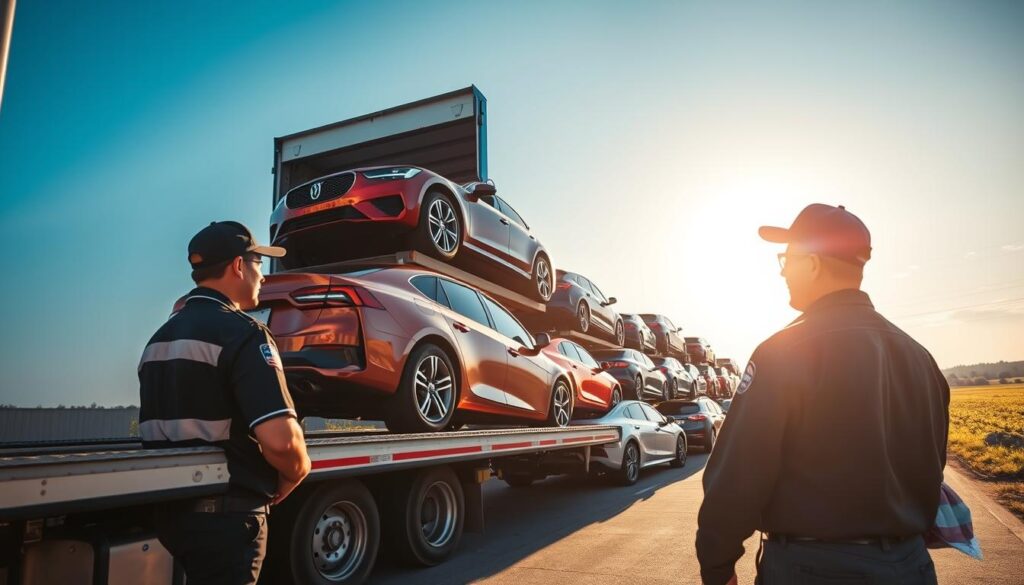 A bustling vehicle transport hub in Walker, Louisiana featuring an array of colorful cars being loaded onto a modern shipping truck, showcasing the reliability of Best Car Shipping Inc. In the foreground, a professional driver in a branded uniform oversees the loading process. The middle ground highlights the neatly organized transport vehicles with strong, vibrant colors under warm, natural sunlight, emphasizing a sense of trust and efficiency. In the background, the iconic Louisiana landscape, with lush greenery and clear blue skies, adds a local touch. The scene captures a dynamic and positive atmosphere, with a slight lens flare to enhance the brightness, shot from a low angle for an impactful view. No text or branding on the vehicles themselves, ensuring a clean and focused composition. A bustling vehicle transport hub in Walker, Louisiana featuring an array of colorful cars being loaded onto a modern shipping truck, showcasing the reliability of Best Car Shipping Inc. In the foreground, a professional driver in a branded uniform oversees the loading process. The middle ground highlights the neatly organized transport vehicles with strong, vibrant colors under warm, natural sunlight, emphasizing a sense of trust and efficiency. In the background, the iconic Louisiana landscape, with lush greenery and clear blue skies, adds a local touch. The scene captures a dynamic and positive atmosphere, with a slight lens flare to enhance the brightness, shot from a low angle for an impactful view. No text or branding on the vehicles themselves, ensuring a clean and focused composition.