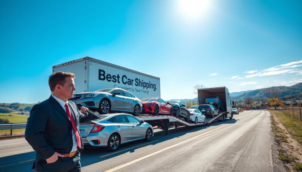 A bustling vehicle transport scene in Whitesville, Kentucky, showcasing a convoy of various cars being loaded onto a large open trailer truck under a clear blue sky. In the foreground, a professional driver in a smart business attire inspects the vehicles, ensuring they are securely loaded. The middle ground features the transport truck prominently displaying the logo of "Best Car Shipping Inc." as it prepares for departure. The background reveals a backdrop of rolling green hills and a hint of the small town of Whitesville, with a few trees swaying gently in the breeze. The lighting is bright and vibrant, casting soft shadows to create a warm atmosphere that conveys trust and reliability in auto transport. The composition captures a moment of efficient car shipping, reflecting professionalism and care. A bustling vehicle transport scene in Whitesville, Kentucky, showcasing a convoy of various cars being loaded onto a large open trailer truck under a clear blue sky. In the foreground, a professional driver in a smart business attire inspects the vehicles, ensuring they are securely loaded. The middle ground features the transport truck prominently displaying the logo of "Best Car Shipping Inc." as it prepares for departure. The background reveals a backdrop of rolling green hills and a hint of the small town of Whitesville, with a few trees swaying gently in the breeze. The lighting is bright and vibrant, casting soft shadows to create a warm atmosphere that conveys trust and reliability in auto transport. The composition captures a moment of efficient car shipping, reflecting professionalism and care.