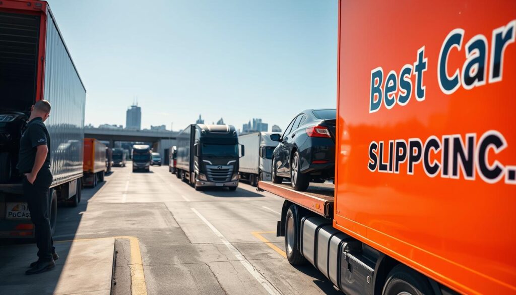 A busy auto transport scene featuring a professional vehicle shipping company, "Best Car Shipping Inc," prominently displayed on the side of a bright orange car carrier truck. In the foreground, show a close-up of a well-maintained sedan being carefully loaded onto the truck by a staff member in professional attire. The middle ground captures a bustling loading dock, with additional trucks waiting to transport various vehicles, set against a clear blue sky. In the background, Richmond, Kentucky's distinctive skyline is subtly featured, enhancing the local context. Bright, natural lighting highlights the professionalism and efficiency of the operation, while a slight lens tilt adds a dynamic touch to the composition. The atmosphere conveys trustworthiness and reliability in auto transport services.