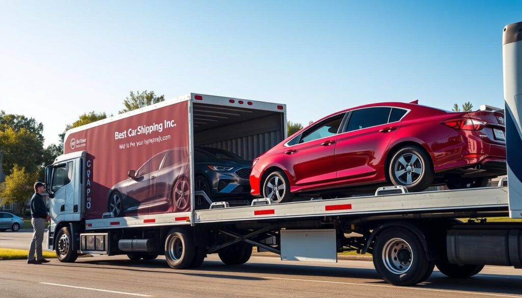 A busy auto transport scene in Bellevue, Kentucky, showcasing a professional car shipping operation. In the foreground, a shiny red sedan is being loaded onto a modern car carrier truck, emblazoned with the logo "Best Car Shipping Inc." On the left, a driver in professional attire supervises the process, ensuring safety and care. In the middle ground, the truck's ramp is elevated, revealing an array of vehicles, including a blue SUV and a silver coupe, secured for transport. The background features a clear blue sky and lush green trees typical of the Kentucky landscape, with a hint of suburban homes peeking through. The lighting is warm and inviting, simulating late afternoon sun. Capture this scene with a wide-angle lens to emphasize the scope of the operation and convey a professional yet approachable mood.