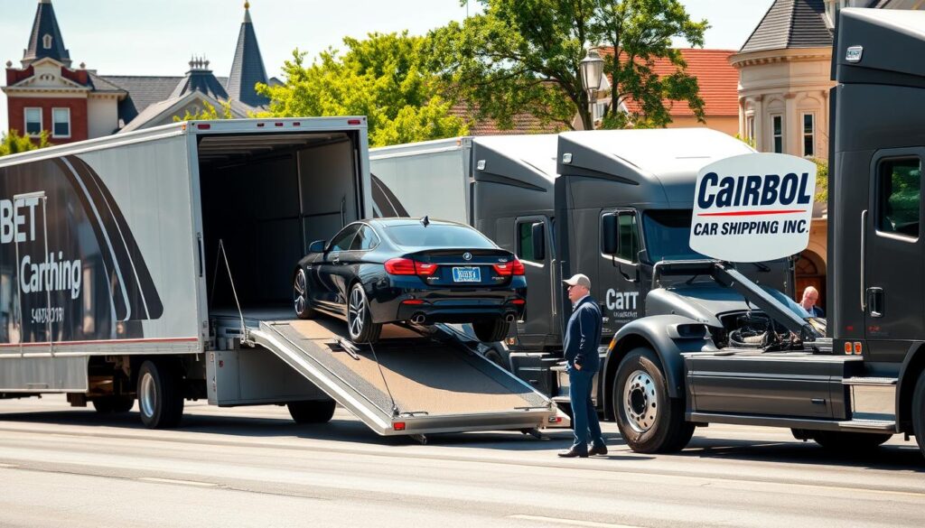 A busy auto transport scene in Elizabethtown, Kentucky, showcasing a fleet of pristine car transport trucks lined up on a sunlit street. In the foreground, a sleek black car is being carefully loaded onto a modern truck emblazoned with the logo "Best Car Shipping Inc". In the middle ground, professional drivers in business attire oversee the loading process, ensuring safety and efficiency. In the background, a charming view of Elizabethtown's iconic buildings and trees provides a sense of place. The lighting is bright and clear, creating a mood of professionalism and reliability. The angle is slightly elevated, capturing the action and the surrounding environment simultaneously, highlighting the service's commitment to safe, on-time delivery.
