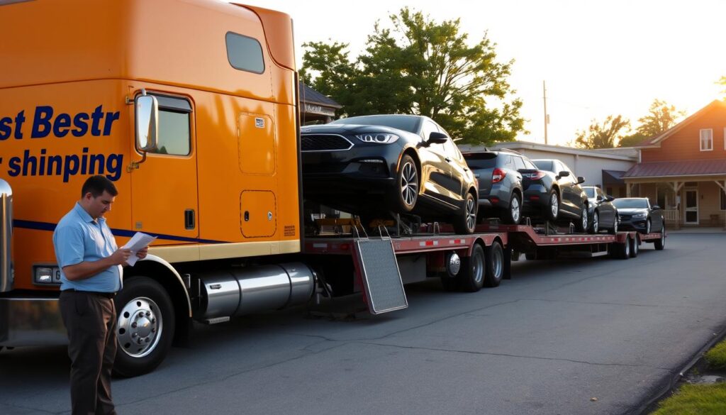 A busy auto transport scene in Leesville, Louisiana, featuring a brightly colored truck with "Best Car Shipping Inc" displayed prominently on the side. In the foreground, an employee in a professional uniform stands next to the truck, checking paperwork as a couple of vehicles are loaded onto the transport trailer. The middle ground includes the truck in action, with a few other cars being securely fastened in the background. The environment showcases the quaint charm of Leesville, featuring local greenery and buildings. The late afternoon sun casts a warm golden light, adding a sense of reliability and professionalism to the scene. The overall atmosphere evokes trust in auto transport services, emphasizing efficiency and care. A busy auto transport scene in Leesville, Louisiana, featuring a brightly colored truck with "Best Car Shipping Inc" displayed prominently on the side. In the foreground, an employee in a professional uniform stands next to the truck, checking paperwork as a couple of vehicles are loaded onto the transport trailer. The middle ground includes the truck in action, with a few other cars being securely fastened in the background. The environment showcases the quaint charm of Leesville, featuring local greenery and buildings. The late afternoon sun casts a warm golden light, adding a sense of reliability and professionalism to the scene. The overall atmosphere evokes trust in auto transport services, emphasizing efficiency and care.
