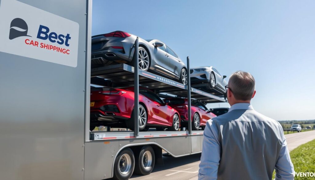 A busy auto transport scene in Vinton, Louisiana, showcasing a sleek, modern car carrier truck with the brand logo "Best Car Shipping Inc" prominently displayed. In the foreground, a well-dressed logistics professional surveys the loading process, observing the secure placement of luxury vehicles on the multi-level carrier. The middle ground features several different cars, gleaming in various colors, including a red sports car and an elegant sedan, being carefully loaded onto the truck. In the background, a clear blue sky stretches over the vibrant Louisiana landscape, dotted with greenery and distant buildings. The lighting is bright and sunny, evoking a sense of professionalism and efficiency, while the composition is slightly angled to capture the dynamic movement of the transport process. A busy auto transport scene in Vinton, Louisiana, showcasing a sleek, modern car carrier truck with the brand logo "Best Car Shipping Inc" prominently displayed. In the foreground, a well-dressed logistics professional surveys the loading process, observing the secure placement of luxury vehicles on the multi-level carrier. The middle ground features several different cars, gleaming in various colors, including a red sports car and an elegant sedan, being carefully loaded onto the truck. In the background, a clear blue sky stretches over the vibrant Louisiana landscape, dotted with greenery and distant buildings. The lighting is bright and sunny, evoking a sense of professionalism and efficiency, while the composition is slightly angled to capture the dynamic movement of the transport process.