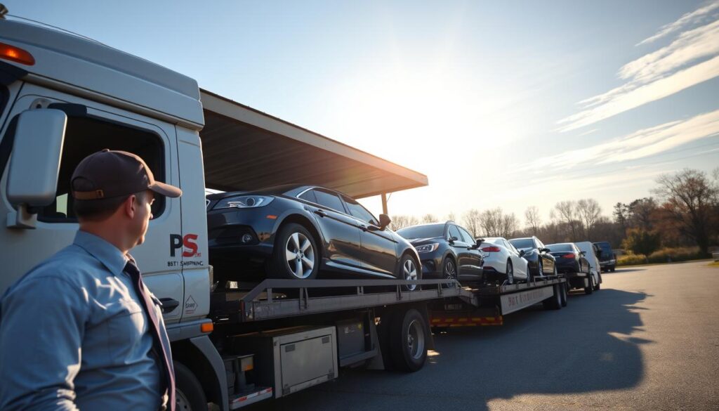 A busy auto transport service scene in Stanford, Kentucky, featuring a large, well-maintained truck from "Best Car Shipping Inc" transporting vehicles safely. In the foreground, display a driver in professional business attire, inspecting a vehicle to ensure its secure loading. In the middle ground, showcase multiple cars on the truck, reflecting a mix of colors and styles, demonstrating the variety of vehicles commonly shipped. The background includes a clear blue sky with soft, sunlight filtering through, casting gentle shadows and highlighting the efficient nature of the service. Capture an overall mood of reliability and professionalism, emphasizing safe, on-time delivery in the auto transport industry. Use a slightly elevated angle to give a comprehensive view of the scene. A busy auto transport service scene in Stanford, Kentucky, featuring a large, well-maintained truck from "Best Car Shipping Inc" transporting vehicles safely. In the foreground, display a driver in professional business attire, inspecting a vehicle to ensure its secure loading. In the middle ground, showcase multiple cars on the truck, reflecting a mix of colors and styles, demonstrating the variety of vehicles commonly shipped. The background includes a clear blue sky with soft, sunlight filtering through, casting gentle shadows and highlighting the efficient nature of the service. Capture an overall mood of reliability and professionalism, emphasizing safe, on-time delivery in the auto transport industry. Use a slightly elevated angle to give a comprehensive view of the scene.