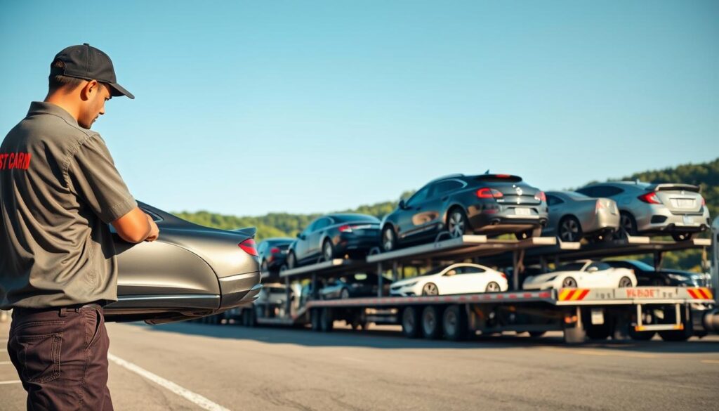 A busy auto transport yard in Ludlow, Kentucky, showcasing various vehicles being prepared for shipping. In the foreground, a professional transport worker in a branded "Best Car Shipping Inc" uniform inspects a sleek sedan, ensuring it’s securely loaded on a truck transporter. The middle ground features an array of vehicles, including SUVs and classic cars, neatly aligned on multiple car haulers, emphasizing efficiency and reliability. The background displays the lush greenery of Kentucky and a blue sky, giving a sense of place. Soft, natural lighting casts gentle shadows, creating a welcoming and professional atmosphere that conveys trust and quality in auto transport services. The angle is slightly elevated to capture the entire scene effectively, without any text or distractions.