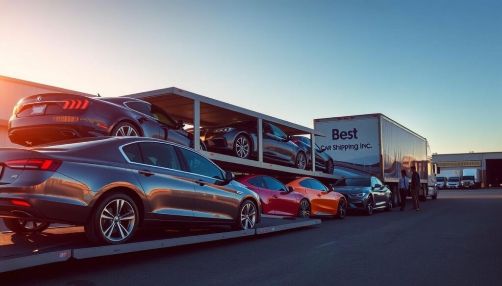 A busy auto transport yard in Rumsey, Kentucky, showcasing a variety of vehicles being loaded onto a modern car carrier truck. In the foreground, a sleek sedan transitions onto the ramp, with workers in professional attire guiding the process. The middle ground features several colorful cars, including an SUV and a sports car, ready for shipping. In the background, the setting sun casts a warm, golden light over the scene, illuminating the company logo "Best Car Shipping Inc" prominently displayed on the side of the carrier truck. The atmosphere conveys professionalism and efficiency, with clear blue skies and well-organized operations. The angle is slightly elevated, capturing the entire scene with a depth of field that emphasizes the vehicles and the shipping process. A busy auto transport yard in Rumsey, Kentucky, showcasing a variety of vehicles being loaded onto a modern car carrier truck. In the foreground, a sleek sedan transitions onto the ramp, with workers in professional attire guiding the process. The middle ground features several colorful cars, including an SUV and a sports car, ready for shipping. In the background, the setting sun casts a warm, golden light over the scene, illuminating the company logo "Best Car Shipping Inc" prominently displayed on the side of the carrier truck. The atmosphere conveys professionalism and efficiency, with clear blue skies and well-organized operations. The angle is slightly elevated, capturing the entire scene with a depth of field that emphasizes the vehicles and the shipping process.