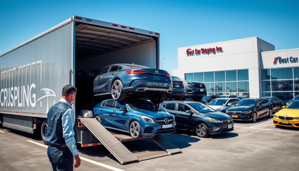 A busy car dealership transport scene with a sleek transporter truck being loaded with shiny, new vehicles ready for delivery. In the foreground, a professional driver in a crisp uniform oversees the loading process, ensuring each car is secured properly. The middle ground features an organized, brightly colored car lot, with a range of cars from sedans to SUVs, all under a clear blue sky. In the background, a modern office building represents the dealership, with the logo "Best Car Shipping Inc" prominently displayed. The lighting is bright and cheerful, reflecting an efficient and positive atmosphere. The angle is a dynamic slightly elevated view, capturing the hustle and bustle of the transport process, while also conveying a sense of professionalism and reliability.