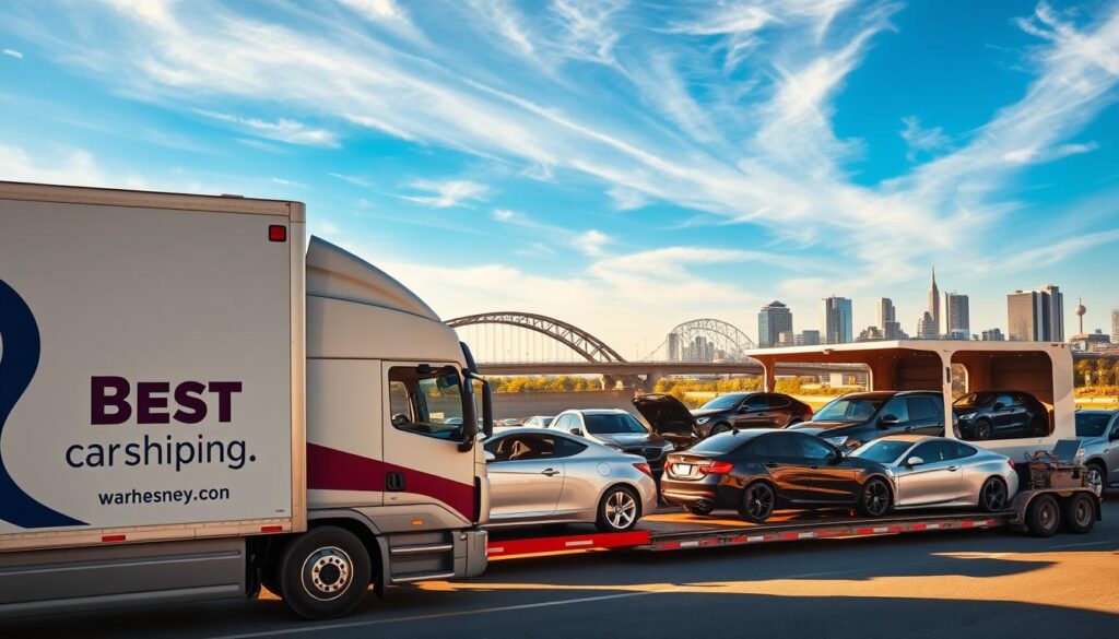A busy car shipping and auto transport scene in Louisville, Kentucky, featuring a branded truck from "Best Car Shipping Inc." in the foreground, showcasing a sleek, modern design. The middle ground displays a transportation yard with multiple vehicles being carefully loaded and unloaded, highlighting various car models. In the background, iconic Louisville landmarks like the Big Four Bridge and the skyline are visible under a bright blue sky with wispy clouds. The lighting is warm and inviting, suggesting a sunny day, with soft shadows emphasizing the vehicles’ contours. The mood is professional and efficient, showcasing a reliable and expert service in car shipping. The focus should be on the dynamic activity of transport and the recognizable brand presence without any text or signage.
