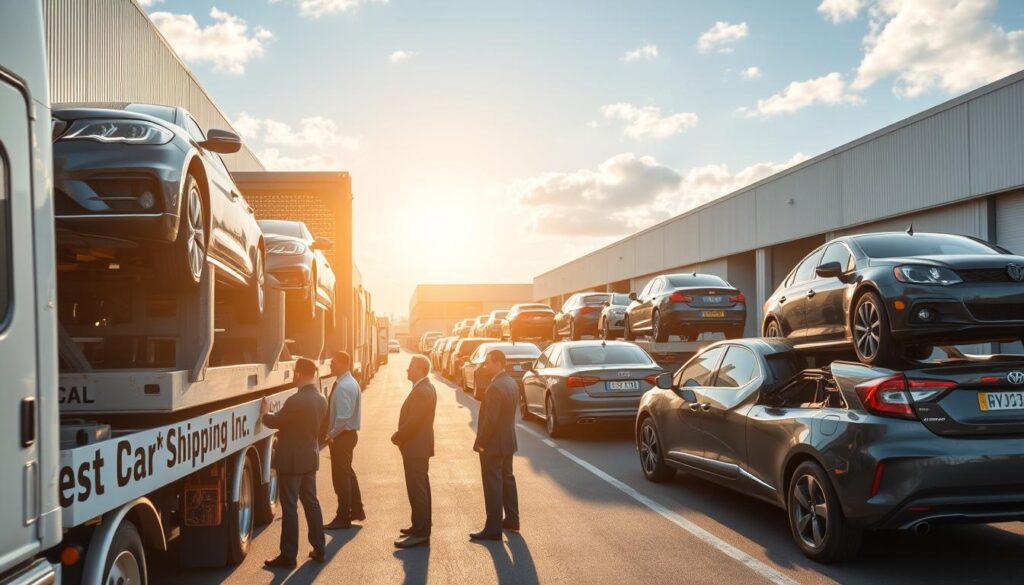 A busy car shipping company scene depicting a fleet of vehicles ready for transport. In the foreground, several professionally dressed employees in business attire are inspecting cars on a transport truck labeled "Best Car Shipping Inc." The middle ground features well-maintained vehicles—sedans, SUVs, and sports cars—securely loaded and awaiting shipment. In the background, a large warehouse with shipping containers and an open sky reflects a bright and sunny day, suggesting efficiency and reliability. The lighting is warm and inviting, casting soft shadows that add depth. The atmosphere is bustling yet organized, conveying a sense of professionalism and trust in auto transport services based in Sebree, Kentucky.