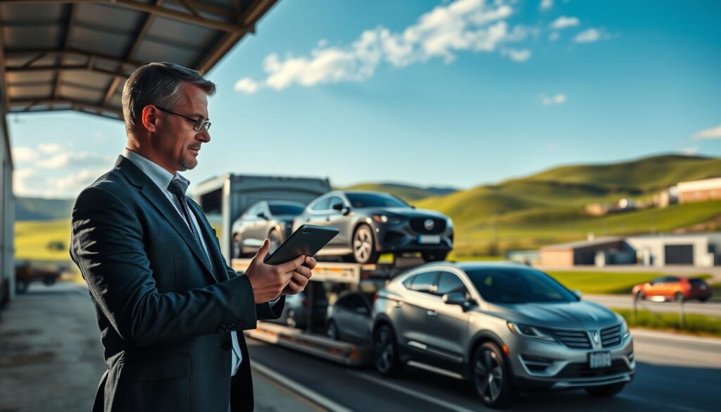 A busy car shipping dock in Vine Grove, Kentucky, showcasing a fleet of varied vehicles loaded onto a modern car transport truck. In the foreground, a well-dressed logistics manager from Best Car Shipping Inc, analyzing transportation plans on a tablet, exudes professionalism and focus. The middle ground features the gleaming transport truck, loaded with sedans and SUVs, under a clear blue sky. In the background, rolling green hills and warehouse buildings typical of Kentucky’s landscape create a serene atmosphere, accented by soft, natural lighting that highlights the vehicles’ shiny surfaces. The image captures a vibrant, efficient scene of auto transport, suggesting professionalism and reliability in car shipping logistics.
