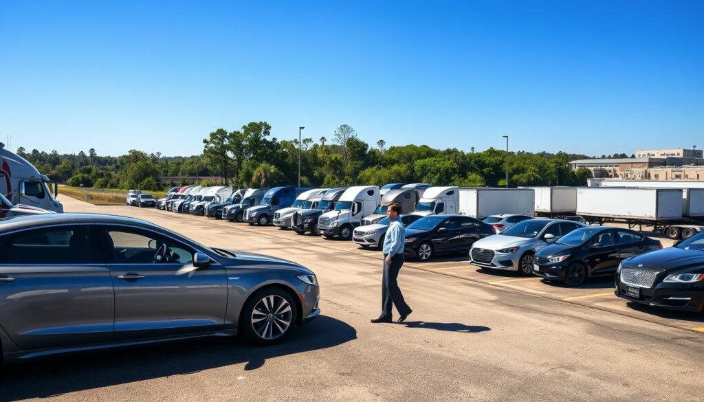 A busy car shipping facility in Minden, Louisiana, showcasing a fleet of trucks and carriers lined with various vehicles ready for transport. In the foreground, a professional representative from Best Car Shipping Inc, wearing business attire, is discussing shipping options with a customer beside a sleek sedan. The middle ground features an array of car carriers and trucks parked under bright sunlight, casting defined shadows on the asphalt. The background reveals lush Louisiana greenery and distant warehouses, under a clear blue sky. The scene conveys a sense of reliability and professionalism, emphasizing the smooth logistics of auto transport. The mood is upbeat, reflecting a warm and welcoming atmosphere. The image should be captured with a slight angle to depict depth, using bright, natural lighting to enhance the colors and details.