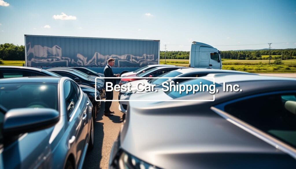 A busy car shipping port in Walker, Louisiana, showcasing a row of various vehicles ready for transport. In the foreground, a professional car shipping employee in smart business attire is inspecting the cars, emphasizing reliability and trust. The middle ground features a large enclosed car transport truck, gleaming under bright sunlight, ready to load vehicles for transportation. In the background, the scenic Louisiana landscape with lush greenery and a clear blue sky creates a serene environment. Soft shadows highlight the distinct features of the cars and the transport truck. The focus is sharp, capturing the details of the vehicles and the professionalism of the shipping process. The brand name "Best Car Shipping Inc" is subtly integrated into the scene, suggesting quality and expertise in the industry. A busy car shipping port in Walker, Louisiana, showcasing a row of various vehicles ready for transport. In the foreground, a professional car shipping employee in smart business attire is inspecting the cars, emphasizing reliability and trust. The middle ground features a large enclosed car transport truck, gleaming under bright sunlight, ready to load vehicles for transportation. In the background, the scenic Louisiana landscape with lush greenery and a clear blue sky creates a serene environment. Soft shadows highlight the distinct features of the cars and the transport truck. The focus is sharp, capturing the details of the vehicles and the professionalism of the shipping process. The brand name "Best Car Shipping Inc" is subtly integrated into the scene, suggesting quality and expertise in the industry.