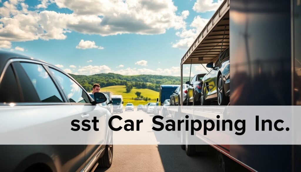 A busy car shipping service scene in Hazard, Kentucky, showcasing a fleet of trucks transporting vehicles. In the foreground, a sleek, polished car is being carefully loaded onto a covered car carrier, with an employee in professional attire supervising the process, ensuring everything is secure. The middle ground features multiple vehicles lined up on the carrier, ready for transport, with a scenic view of Kentucky hills in the background, showcasing lush greenery under a blue sky. Soft, natural lighting highlights the vehicles while creating a warm, inviting atmosphere. The brand name "Best Car Shipping Inc" is prominently displayed on the side of the truck in a modern, bold font. Capture this dynamic scene from a slightly elevated angle to emphasize the scale and efficiency of the operation.