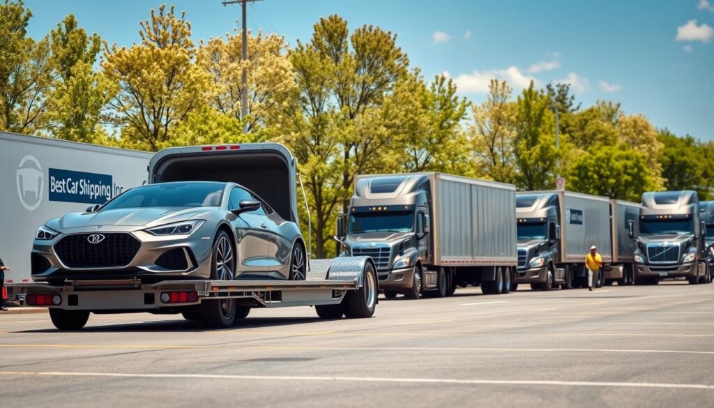A busy car shipping terminal in Cloverport, Kentucky, showcases a well-organized scene. In the foreground, a sleek, brand-new car is being carefully loaded onto a large, modern car carrier truck with the logo "Best Car Shipping Inc" prominently displayed. In the middle ground, transport trucks are lined up ready for loading, and workers in professional attire are seen coordinating the logistics, making the operation feel dynamic and efficient. The background features leafy trees typical of Kentucky, and a clear blue sky showcasing sunny weather for an upbeat atmosphere. The scene is portrayed with natural lighting, enhancing the vivid details of the vehicles and surroundings, shot from a slightly elevated angle to capture the entire operation.