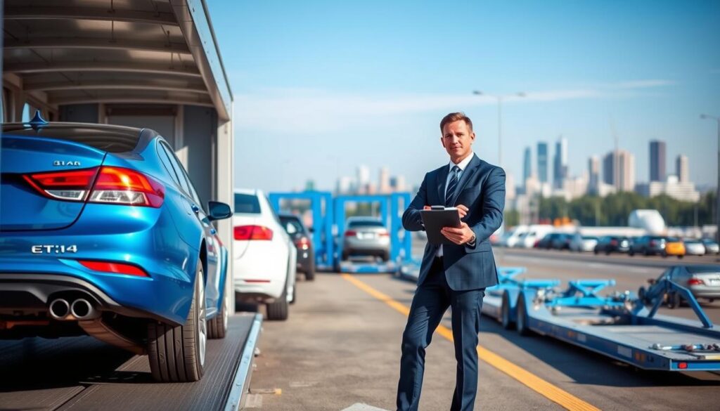 A busy car shipping terminal in Glasgow, Kentucky, showcasing a range of vehicles being safely loaded onto specialized transport carriers. In the foreground, a professional employee of Best Car Shipping Inc, dressed in smart business attire, confidently inspects a car with a clipboard in hand. The middle ground features bright blue car carriers lined up, ready for transport, while ramps and equipment are visible, evoking a sense of organized efficiency. In the background, the iconic Glasgow skyline is visible under clear blue skies, capturing the essence of the area. Soft, natural lighting highlights the professionalism of the operation, creating a reassuring and trustworthy atmosphere that reflects the reliability of car shipping services.