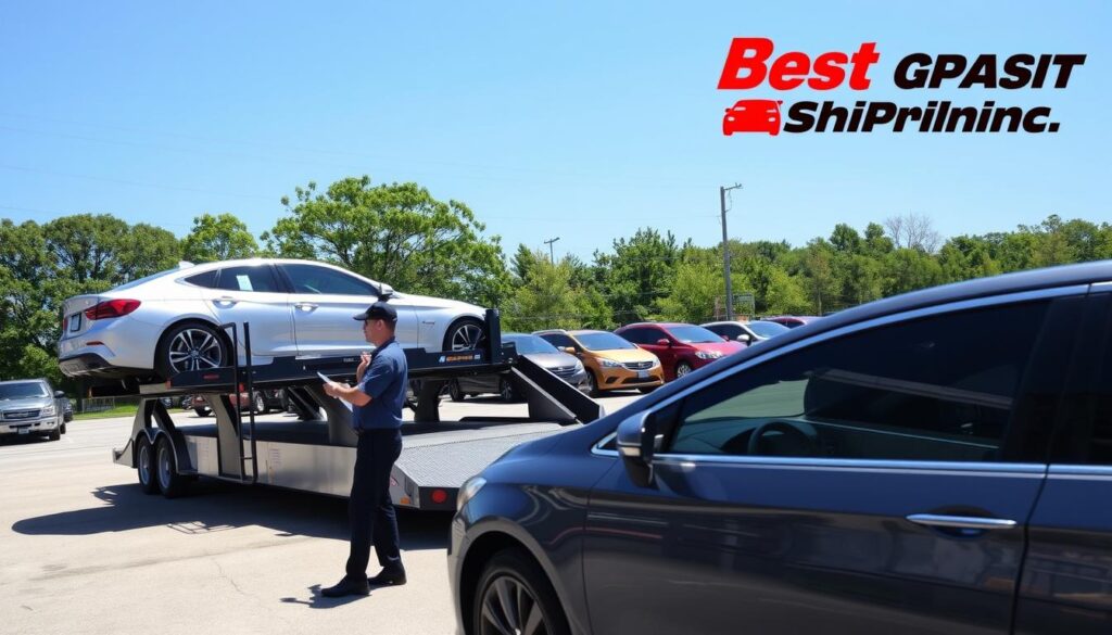 A busy car shipping terminal in Pineville, Louisiana, showcasing a sleek, modern car carrier loaded with vehicles ready for transport. In the foreground, a professional driver in a uniform inspects a vehicle on the carrier, ensuring its safety. The middle ground features several other cars lined up, reflecting a variety of colors and models, parked under the bright Louisiana sun. The background displays a backdrop of lush green trees and a clear blue sky, capturing the essence of the local landscape. The scene is well-lit, emphasizing the professionalism and reliability of "Best Car Shipping Inc." The atmosphere is bustling yet organized, conveying a sense of trust and efficiency in car transport services. A busy car shipping terminal in Pineville, Louisiana, showcasing a sleek, modern car carrier loaded with vehicles ready for transport. In the foreground, a professional driver in a uniform inspects a vehicle on the carrier, ensuring its safety. The middle ground features several other cars lined up, reflecting a variety of colors and models, parked under the bright Louisiana sun. The background displays a backdrop of lush green trees and a clear blue sky, capturing the essence of the local landscape. The scene is well-lit, emphasizing the professionalism and reliability of "Best Car Shipping Inc." The atmosphere is bustling yet organized, conveying a sense of trust and efficiency in car transport services.