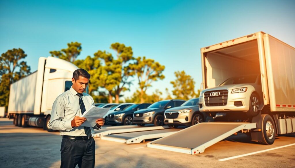 A busy car shipping terminal in Reeves, Louisiana, showcasing several vehicles ready for transport. In the foreground, a professional representative from Best Car Shipping Inc, dressed in business attire, is reviewing paperwork next to a pristine transport truck. The middle ground features a diverse array of cars on a loading dock, with some being loaded onto the truck. The background includes a clear blue sky and lush green trees typical of Louisiana landscapes, creating a warm and inviting atmosphere. Soft natural light bathes the scene, emphasizing the professionalism and reliability of the car shipping process. The composition uses a slight wide-angle lens to capture the dynamic interaction between the workers and their environment, depicting a bustling yet organized atmosphere of auto transport logistics.