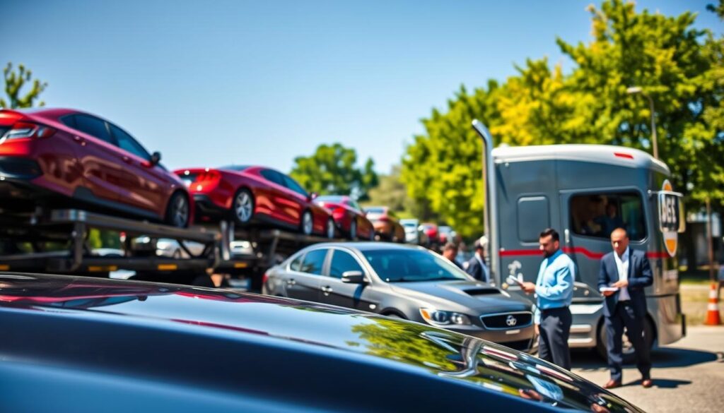 A busy car shipping yard in Plaquemine, Louisiana, featuring a variety of vehicles being loaded onto a car carrier truck. In the foreground, the truck's glossy metallic finish reflects the sunlight, showcasing the bright colors of the cars being transported. The middle ground captures workers in professional business attire, coordinating the loading process with clipboards and radio communication. In the background, a clear blue sky contrasts with the vibrant green of surrounding trees, creating a lively and bustling atmosphere. The setting is well-lit, with natural sunlight enhancing the details. The brand name "Best Car Shipping Inc" is prominently displayed on the side of the truck. This scene embodies the professionalism and efficiency of the car shipping industry.