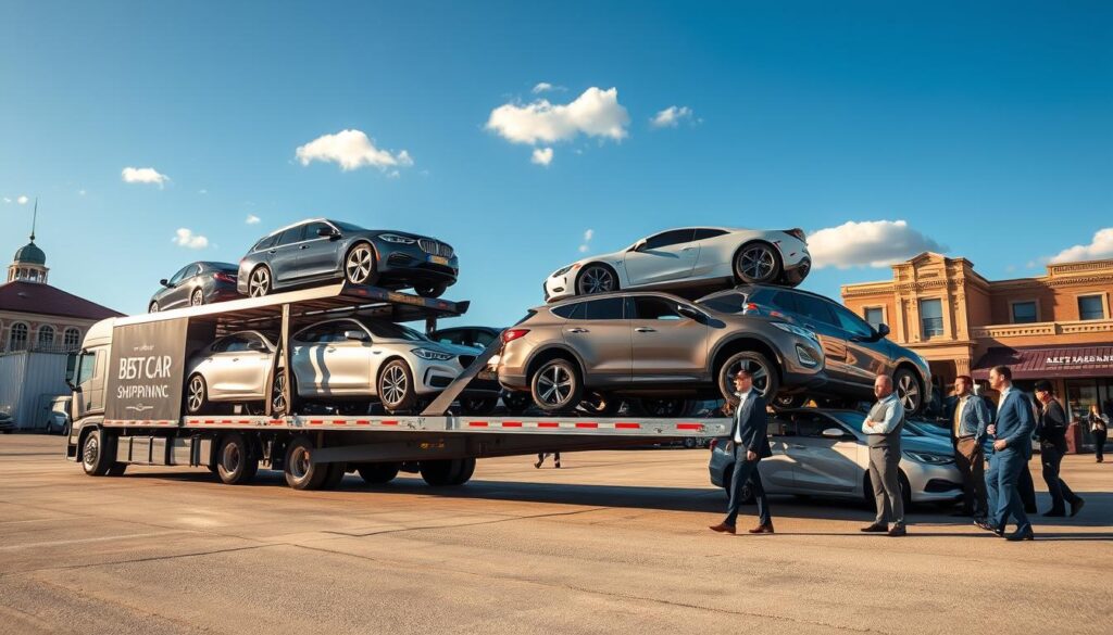 A busy car shipping yard in Ville Platte, Louisiana, showcasing the process of auto transport. In the foreground, a modern car carrier truck, loaded with a variety of vehicles including sedans and SUVs, gleams under the bright sun. The truck is prominently branded with "Best Car Shipping Inc" on its side. In the middle ground, a team of professionals in business attire efficiently directs the loading and unloading of cars, ensuring safety and organization. The background features a clear blue sky with a few scattered clouds and the silhouette of the historic Ville Platte buildings, creating a sense of place. Capture the atmosphere of reliability and professionalism, with warm natural lighting to enhance the scene's inviting feel. The angle should be slightly elevated, giving a comprehensive view of the entire transport process.