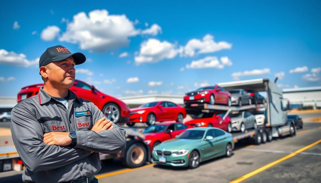 A busy car shipping yard in the United States, showcasing rows of vibrant vehicles loaded onto a semi-trailer truck. In the foreground, a professional driver in a branded uniform for "Best Car Shipping Inc" confidently inspects the cars being loaded, demonstrating diligence and care. In the middle ground, the semi-truck is seen with a mix of cars – sedans, SUVs, and vintage models ready for transport. The background features a clear blue sky with a hint of scattered clouds, and distant warehouses, symbolizing an efficient shipping process. The lighting is bright and natural, casting soft shadows that enhance the details of the vehicles. The overall atmosphere conveys reliability and professionalism, highlighting the essence of car shipping services.