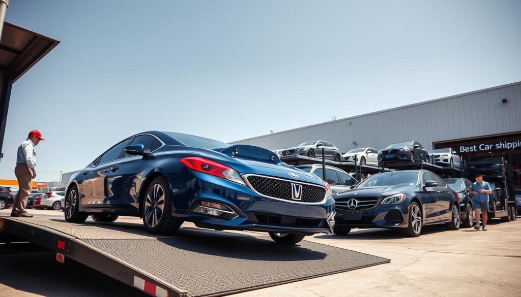 A busy car shipping yard under clear blue skies during midday, showcasing a line of diverse vehicles ready for transport. In the foreground, a shiny blue sedan stands prominently on a loading ramp, with a worker in professional attire inspecting it. The middle ground features a car carrier truck loaded with several vehicles, illustrating the logistics of auto transport. In the background, a warehouse with the branding "Best Car Shipping Inc" is visible, emphasizing the professional nature of the business. Natural sunlight casts soft shadows, creating a vibrant and efficient atmosphere, highlighting the operational side of car shipping. The angle is slightly elevated, providing a comprehensive view of the scene without any distracting elements.
