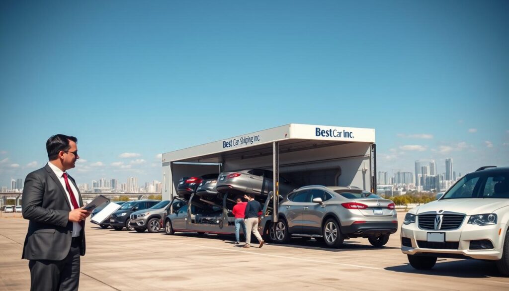 A busy car shipping yard under clear blue skies, showcasing a fleet of vehicles being loaded onto a large, open car carrier truck marked with the brand name "Best Car Shipping Inc". In the foreground, a professional male and female logistics manager, dressed in smart business attire, oversee the loading process with clipboards in hand. The middle ground features several cars in various colors being carefully secured by workers, illustrating reliability and teamwork. In the background, you can see a sprawling city skyline of Metairie, Louisiana, hinting at local transport connections. Soft, natural lighting enhances the scene, giving it a bright and optimistic atmosphere, conveying trust and professionalism in auto transport services for local, regional, and cross-country moves.