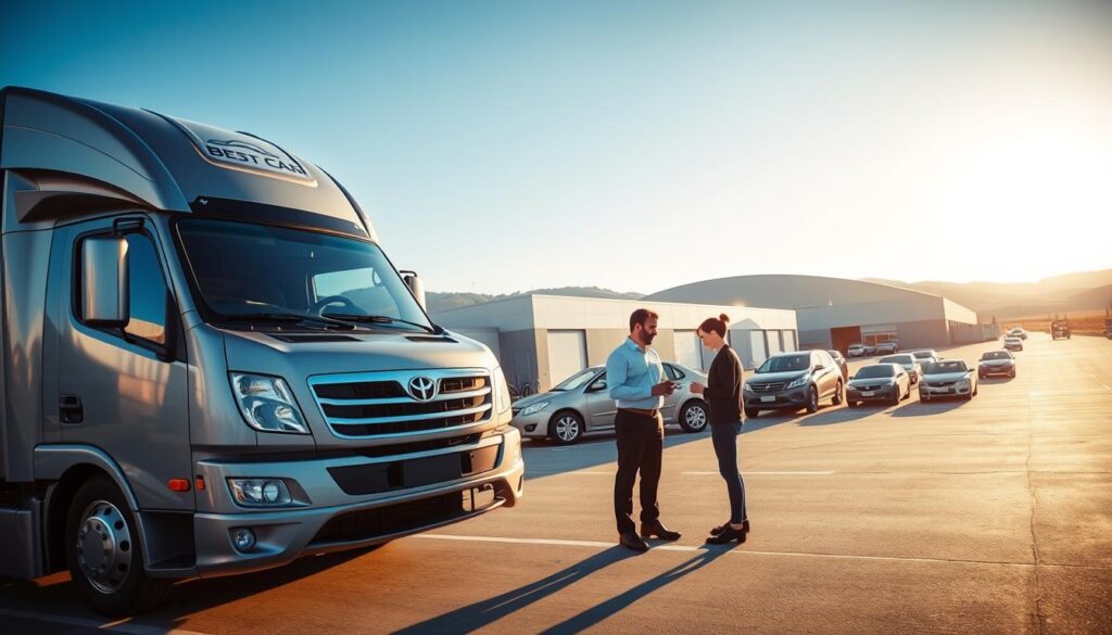 A busy car transport scene depicting a professional vehicle pickup and delivery service by "Best Car Shipping Inc." In the foreground, a sleek delivery truck is unloading a recently auctioned car, showcasing its modern design and logo prominently. In the middle ground, a professional driver in business attire interacts with a happy customer examining their new vehicle, surrounded by a few other cars ready for shipment. In the background, large warehouses and gently rolling hills can be seen under a clear blue sky, creating an atmosphere of efficiency and reliability. The lighting is warm and inviting, simulating late afternoon sun casting soft shadows. The angle captures the peppy interaction while emphasizing the transport service's commitment to quality and professionalism.