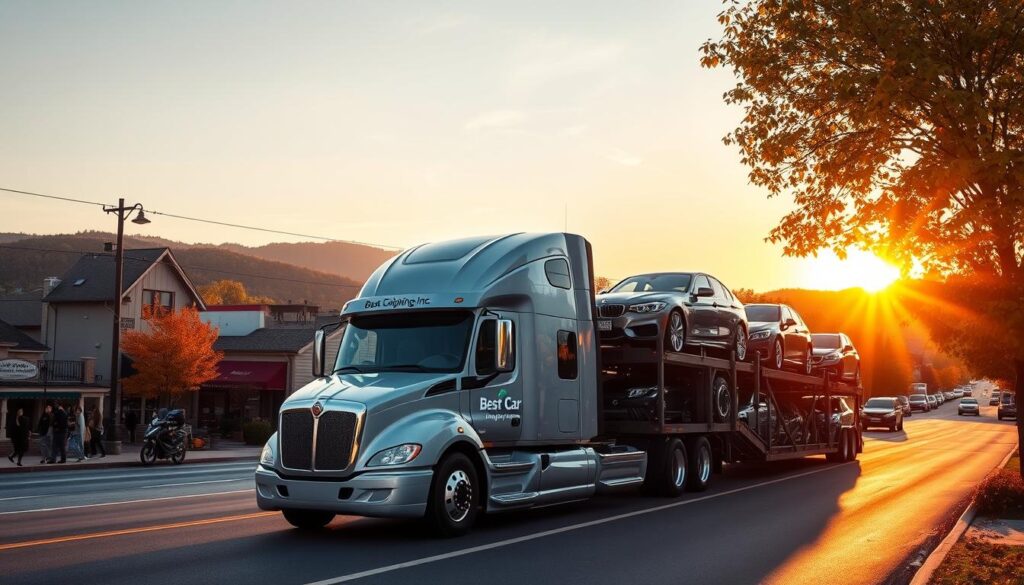 A busy car transport scene in Mount Vernon, Kentucky, featuring a sleek, modern car carrier truck prominently in the foreground, loaded with various vehicles. The truck should be branded with the logo "Best Car Shipping Inc." The middle ground includes a vibrant street bustling with activity, showcasing local landmarks like charming shops and trees adorned with vibrant autumn leaves. In the background, gentle hills outline the horizon under a soft, golden sunset, casting warm light across the scene. The angle should be slightly elevated to capture both the truck and the lively urban backdrop. The atmosphere should be optimistic and professional, emphasizing reliability and community spirit in auto transport. The image should be bright and inviting, ideal for illustrating car shipping and auto transport services.