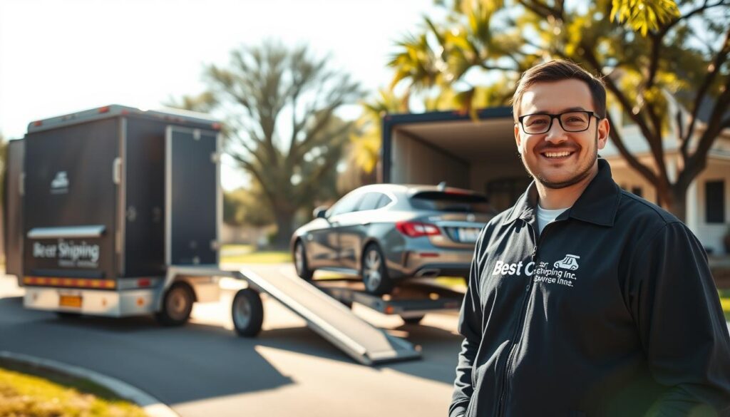 A busy scene depicting a door-to-door car shipping and auto transport service in Larose, Louisiana. In the foreground, a friendly professional in a branded "Best Car Shipping Inc" uniform stands next to a transport truck, which is gently unloading a car. The middle ground shows a residential street lined with trees, with a cozy home in the background. Bright, natural lighting casts soft shadows, suggesting a sunny day. The angle captures the excitement of the delivery process, while the atmosphere is warm and welcoming, inviting viewers into the world of seamless auto transport services. The image should be free of text, ensuring a clean and professional presentation.