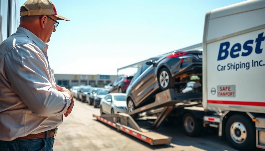 A busy scene depicting reliable vehicle transport services in Hawesville, Kentucky, featuring a car carrier truck loading vehicles at a designated transport yard. In the foreground, a professional driver in a collared shirt and cap assists with securing a sleek sedan onto the carrier. The middle ground showcases a row of various cars, including sedans and SUVs, waiting to be transported, with a clean and organized environment. In the background, the company logo "Best Car Shipping Inc" is visible on the side of the truck, alongside signs indicating safe transport practices. The lighting is bright and sunny, creating an optimistic and trustworthy atmosphere, captured with a slight angle to emphasize the action and professionalism of the vehicle transport service.