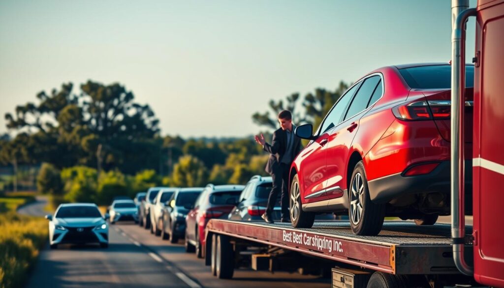 A busy scene of auto transport in Breaux Bridge, Louisiana, showcasing the logistics of car shipping. In the foreground, a red car is being loaded onto a flatbed truck marked with the logo "Best Car Shipping Inc." A professional driver in business attire carefully secures the vehicle. In the middle ground, a row of various vehicles awaits loading, showcasing diversity from sedans to SUVs. The background features lush greenery of Louisiana, with a clear blue sky and a glimpse of the local landscape. Soft, warm lighting creates an inviting atmosphere, and the scene is captured from a slightly elevated angle to emphasize the action and grace of the transport process. The mood is industrious yet reassuring, highlighting reliability and professionalism in car shipping.