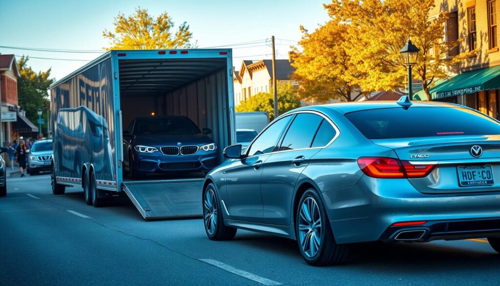 A busy street in Paris, Kentucky, bustling with activity, showcasing a professional door-to-door car transport service by "Best Car Shipping Inc". In the foreground, a sleek, modern car being loaded onto an open car carrier truck, with a focused driver in professional attire guiding the process. In the middle ground, other vehicles and residents watch curiously, capturing the sense of community. The background features typical Kentucky buildings, trees with autumn foliage, and a clear blue sky, conveying a sense of reliability and professionalism. The lighting is warm and inviting, simulating a late afternoon sun casting soft shadows. Use a slightly elevated angle to capture the entire scene cohesively, emphasizing the efficiency and service quality of car transport. The mood is friendly and industrious, underlining the importance of reliable auto transport services.