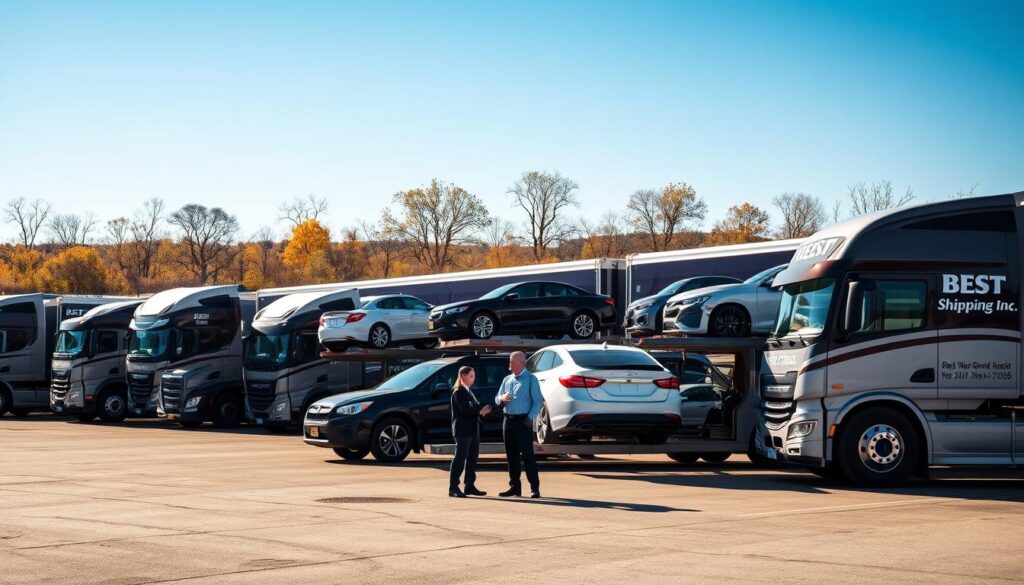 A busy transport yard in Radcliff, Kentucky, features multiple vehicle transport trucks showcasing Best Car Shipping Inc branding, parked in the foreground. In the middle, skilled professionals in business attire oversee efficiently loading sedans and SUVs onto the trucks, demonstrating expert car shipping services. The background includes a clear blue sky and scattered trees typical of Kentucky's landscape, with a hint of the city skyline. Warm natural lighting casts soft shadows, enhancing the scene's professionalism and trustworthiness. The atmosphere conveys a sense of reliability and efficiency, making it clear that this is a dedicated vehicle transport company committed to quality service. The image is framed with a slightly low-angle perspective, emphasizing the importance of the transport trucks and the professionalism of the team.