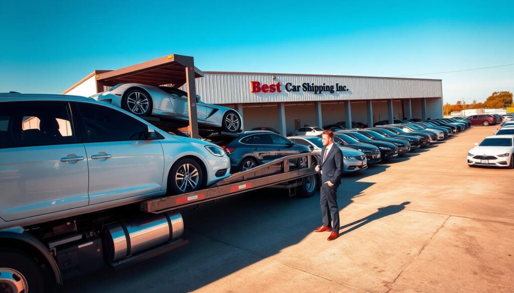 A busy vehicle shipping area in Warsaw, Kentucky, featuring a variety of cars ready for transport. In the foreground, a well-maintained car transporter truck is parked with cars elegantly arranged on its flatbed. A professional employee in smart business attire inspects vehicles, showcasing an air of expertise. The middle ground includes rows of additional vehicles, with an organized and clean shipping facility in the backdrop, labeled "Best Car Shipping Inc." The scene is bathed in warm, natural daylight, casting soft shadows and creating a welcoming atmosphere. Captured from a low angle to emphasize the scale of the operation, with clear blue skies above, suggesting a strong sense of reliability and professionalism in the car shipping industry. A busy vehicle shipping area in Warsaw, Kentucky, featuring a variety of cars ready for transport. In the foreground, a well-maintained car transporter truck is parked with cars elegantly arranged on its flatbed. A professional employee in smart business attire inspects vehicles, showcasing an air of expertise. The middle ground includes rows of additional vehicles, with an organized and clean shipping facility in the backdrop, labeled "Best Car Shipping Inc." The scene is bathed in warm, natural daylight, casting soft shadows and creating a welcoming atmosphere. Captured from a low angle to emphasize the scale of the operation, with clear blue skies above, suggesting a strong sense of reliability and professionalism in the car shipping industry.