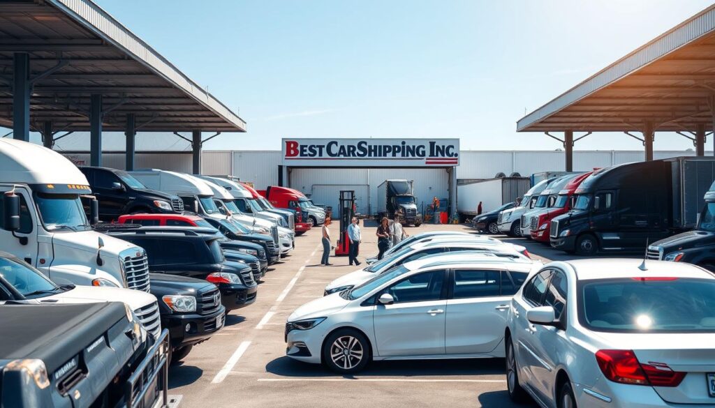 A busy vehicle transport hub in Henderson, Kentucky, featuring a strategically organized layout for smooth car shipping operations. In the foreground, several diverse vehicles, including trucks and sedans, are parked, ready for transport. The middle ground showcases an efficient loading area with professional personnel in business attire coordinating the shipping process, using modern equipment like forklifts and conveyors. The background features a clear blue sky with a large sign that reads "Best Car Shipping Inc," ensuring brand visibility. The overall lighting is bright and inviting, capturing the energy of a bustling hub. The angle is slightly elevated, providing a comprehensive view of the operational dynamics. The atmosphere conveys professionalism and efficiency, highlighting Henderson's strategic importance for vehicle transport.