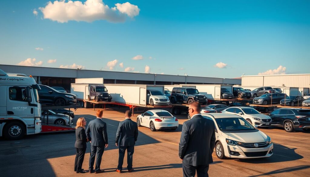 A busy vehicle transport hub in Nicholasville, Kentucky, showcases a well-organized shipping and logistics area. In the foreground, a professional team from Best Car Shipping Inc dressed in business attire oversees vehicles being loaded onto transport trailers. The middle ground features modern car carriers lined up with various vehicles, including sedans and SUVs, ready for shipping. The background displays a clear blue sky with a few fluffy clouds, highlighting the hub's vastness. The setting is illuminated by warm, natural sunlight, casting soft shadows that enhance the scene. The atmosphere is industrious yet welcoming, emphasizing Nicholasville’s central role in vehicle transport in the region. The image captures a sense of efficiency and professionalism, ideal for illustrating the convenience of this transport hub. A busy vehicle transport hub in Nicholasville, Kentucky, showcases a well-organized shipping and logistics area. In the foreground, a professional team from Best Car Shipping Inc dressed in business attire oversees vehicles being loaded onto transport trailers. The middle ground features modern car carriers lined up with various vehicles, including sedans and SUVs, ready for shipping. The background displays a clear blue sky with a few fluffy clouds, highlighting the hub's vastness. The setting is illuminated by warm, natural sunlight, casting soft shadows that enhance the scene. The atmosphere is industrious yet welcoming, emphasizing Nicholasville’s central role in vehicle transport in the region. The image captures a sense of efficiency and professionalism, ideal for illustrating the convenience of this transport hub.