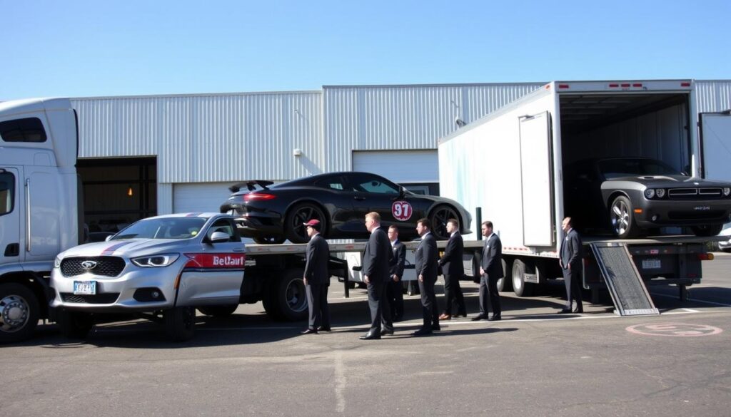 A busy vehicle transport scene in Hopkinsville, Kentucky, showcasing a professional car shipping operation by "Best Car Shipping Inc". In the foreground, two delivery trucks are parked, one unloading a shiny, new sedan while the other prepares to secure a classic car. In the middle ground, a team of immaculately dressed workers in business attire efficiently guides the vehicles onto the transport truck, showcasing teamwork and professionalism. The background features a clear blue sky and a well-kept warehouse with the logo of Best Car Shipping Inc visible. Lighting is bright and natural, enhancing the vibrant colors of the vehicles. The atmosphere conveys trust and reliability, focusing on fast, secure delivery in a safe environment. A busy vehicle transport scene in Hopkinsville, Kentucky, showcasing a professional car shipping operation by "Best Car Shipping Inc". In the foreground, two delivery trucks are parked, one unloading a shiny, new sedan while the other prepares to secure a classic car. In the middle ground, a team of immaculately dressed workers in business attire efficiently guides the vehicles onto the transport truck, showcasing teamwork and professionalism. The background features a clear blue sky and a well-kept warehouse with the logo of Best Car Shipping Inc visible. Lighting is bright and natural, enhancing the vibrant colors of the vehicles. The atmosphere conveys trust and reliability, focusing on fast, secure delivery in a safe environment.