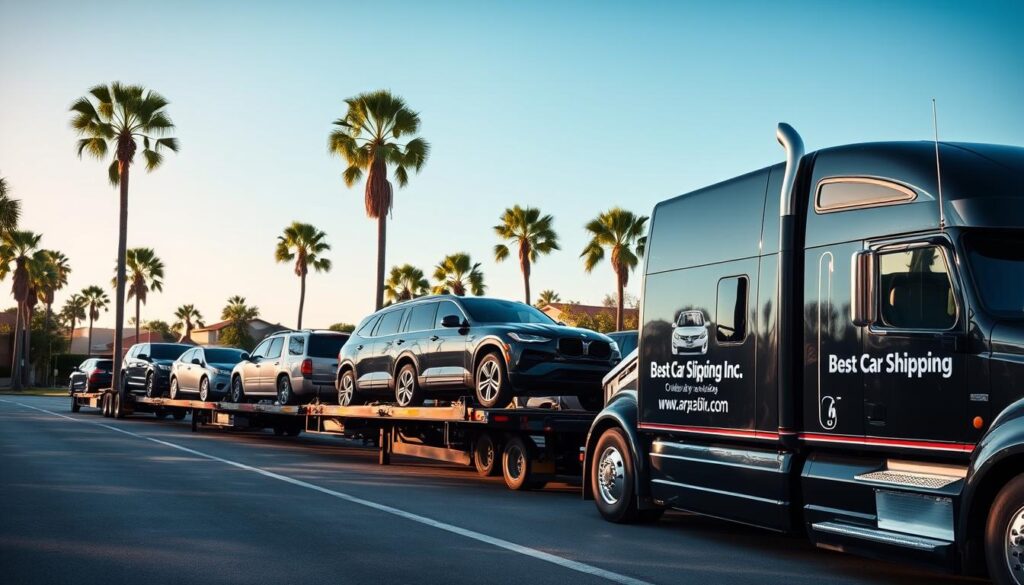 A busy vehicle transport service in Kenner, Louisiana, featuring a well-maintained fleet of car carriers transporting multiple cars. In the foreground, highlight a sleek car carrier truck with the brand name "Best Car Shipping Inc" prominently displayed on its side. In the middle ground, several vehicles, including SUVs and sedans, are safely loaded onto the carrier, showcasing a variety of colors and models. In the background, a sunny suburban landscape with palm trees typical of Louisiana, and a clear blue sky adds to the ambiance. The lighting is bright and warm, suggesting a comfortable afternoon. The scene conveys a sense of reliability, professionalism, and trust in the transport services. The image should be dynamic yet organized, depicting a smooth operation without any chaos.