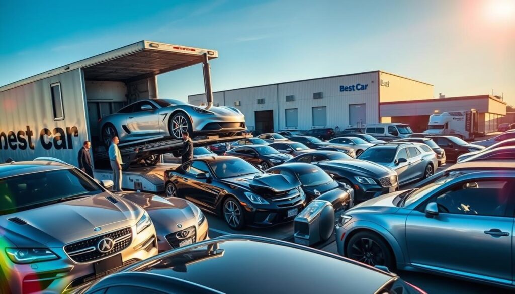A car shipping yard in Gretna, Louisiana, bustling with activity. In the foreground, a team of professionally dressed workers is carefully loading several shiny cars onto a modern car transport truck, showcasing the precision of auto transport. The middle ground features rows of diverse vehicles waiting to be shipped, some luxury cars alongside SUVs, all under the clear blue Louisiana sky. The background includes a warehouse with the brand name "Best Car Shipping Inc" prominently displayed on its facade. The scene is lit by warm sunlight, creating a sense of reliability and professionalism, with a slight lens flare enhancing the optimism of the mood. The angle is slightly elevated, providing a comprehensive view of the entire operation while maintaining focus on the workers' dedication and the vehicles being transported.