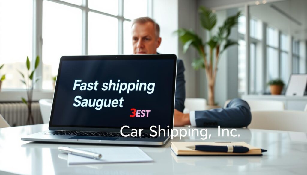 A clean and modern office scene centered around an elegant desk and computer, displaying a vibrant car shipping quote interface. The foreground features a sleek laptop with the words "Fast Car Shipping Quote" highlighted on the screen, alongside a stylish pen and notepad for notes. In the middle ground, a professional individual in business attire, a middle-aged Caucasian man, is focused on the screen, exuding confidence and professionalism as he works. The background showcases a bright and airy office with large windows allowing natural light to flood the space, reflecting a supportive atmosphere for client interactions. The color palette is inviting, with calming blues and greens. Emphasize the presence of the brand name "Best Car Shipping Inc" subtly integrated in the scene, evoking trust and reliability in auto transport services in Berea, Kentucky. A clean and modern office scene centered around an elegant desk and computer, displaying a vibrant car shipping quote interface. The foreground features a sleek laptop with the words "Fast Car Shipping Quote" highlighted on the screen, alongside a stylish pen and notepad for notes. In the middle ground, a professional individual in business attire, a middle-aged Caucasian man, is focused on the screen, exuding confidence and professionalism as he works. The background showcases a bright and airy office with large windows allowing natural light to flood the space, reflecting a supportive atmosphere for client interactions. The color palette is inviting, with calming blues and greens. Emphasize the presence of the brand name "Best Car Shipping Inc" subtly integrated in the scene, evoking trust and reliability in auto transport services in Berea, Kentucky.