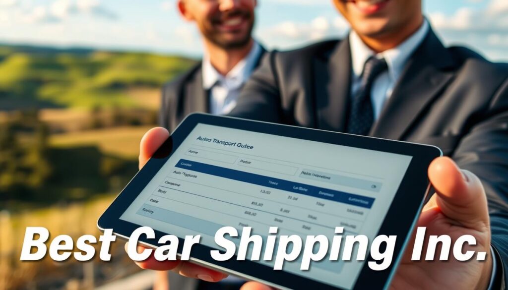 A close-up of a professional auto transport quote on a sleek digital tablet, with a user-friendly interface displaying the quote details. The tablet is held by a business professional in smart casual attire, smiling as they discuss logistics. In the background, a vibrant landscape of Brodhead, Kentucky, featuring rolling hills and blue skies, suggests a welcoming atmosphere. The foreground includes the brand name "Best Car Shipping Inc" subtly integrated into the design of the quote. Soft, warm lighting enhances the professional yet approachable mood, with a slight depth of field focus on the tablet, blurring the landscape slightly to emphasize the quote.